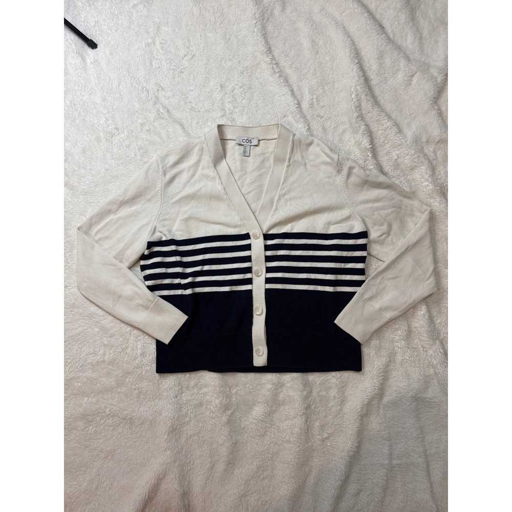 COS Cardigan Sweater Womens Small Cream Navy Good Striped V-Neck Button Front